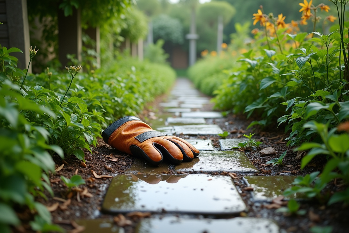 Chemin de jardin envahi de mauvaises herbes après la pluie