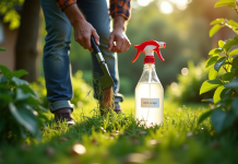 Jardinier arrachant des mauvaises herbes à la main dans un jardin verdoyant