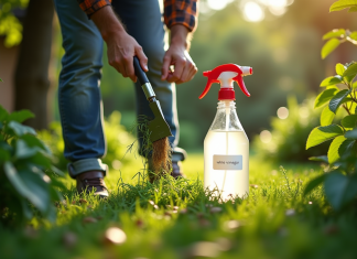 Jardinier arrachant des mauvaises herbes à la main dans un jardin verdoyant