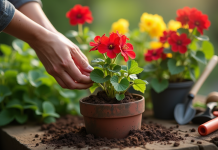 Main de jardinier plantant un géranium dans un pot avec outils
