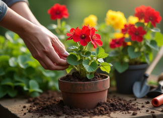 Main de jardinier plantant un géranium dans un pot avec outils