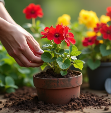 Main de jardinier plantant un géranium dans un pot avec outils