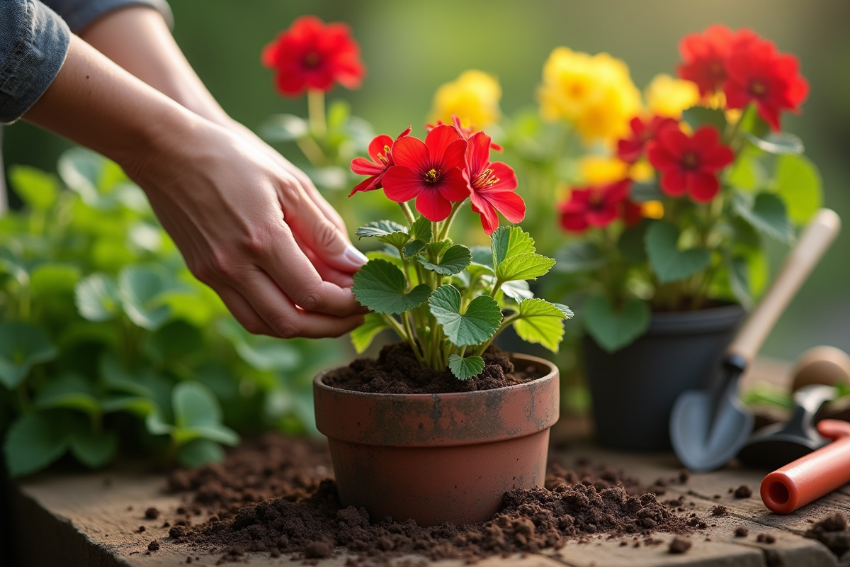 Main de jardinier plantant un géranium dans un pot avec outils