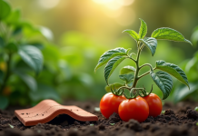 Plant de tomates saine avec tuile en terre cuite à côté
