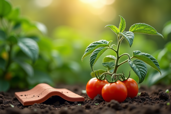 plant-de-tomates-saine-terre Plant de tomates saine avec tuile en terre cuite à côté