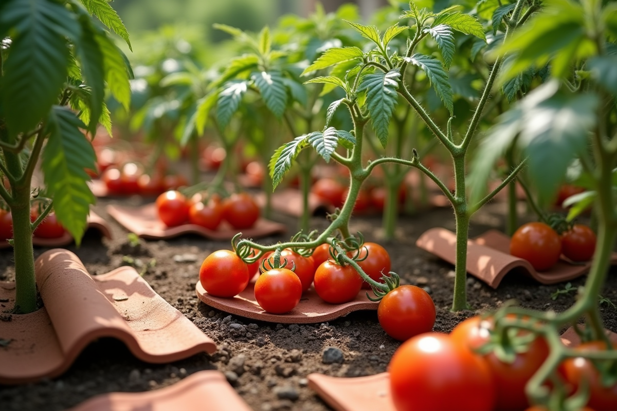 Rangées de plants de tomates avec tuiles en extérieur