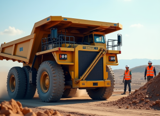 Camion benne puissant sur un chantier en plein jour avec ouvriers