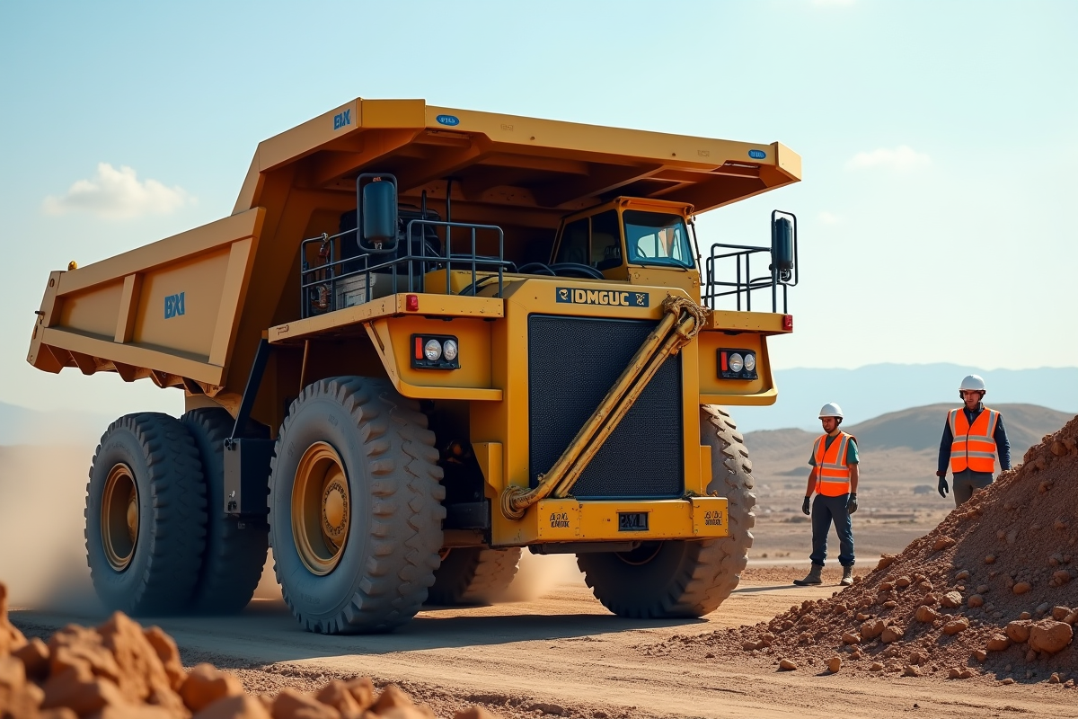 Camion benne puissant sur un chantier en plein jour avec ouvriers