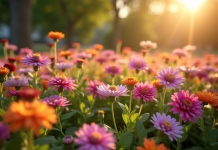 Jardin ensoleille avec fleurs A comme asters et azaleas