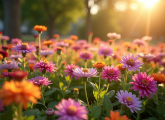 Jardin ensoleille avec fleurs A comme asters et azaleas