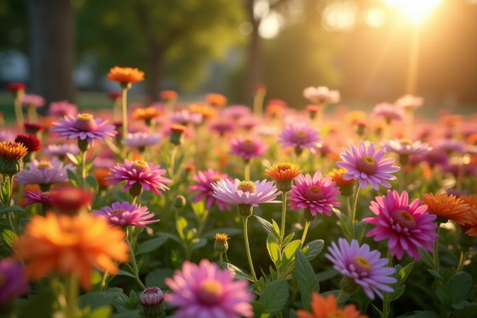 Jardin ensoleille avec fleurs A comme asters et azaleas