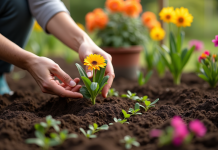 Mains de jardinier plantant une fleur dans un sol humide