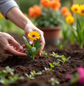 Savoir planter une fleur en S : conseils et astuces Mains de jardinier plantant une fleur dans un sol humide