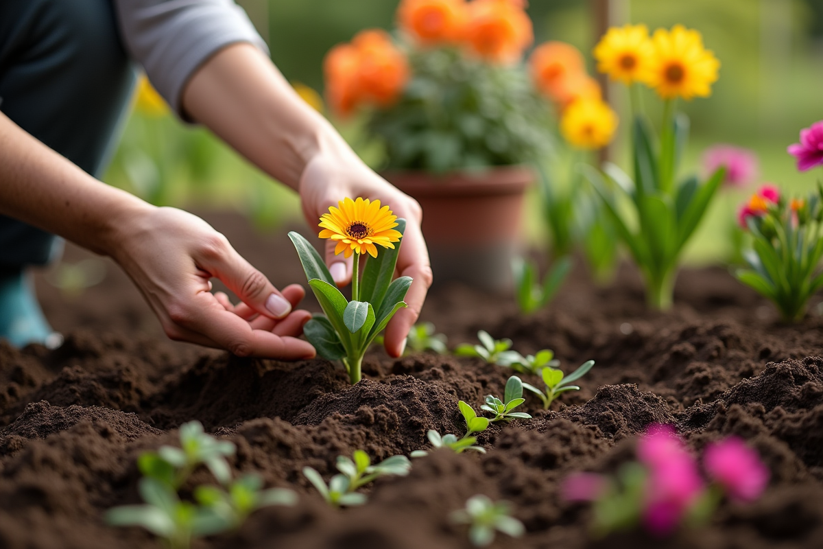 Mains de jardinier plantant une fleur dans un sol humide