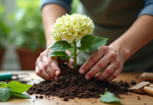 Mains de jardinier plantant une tige d hydrangea dans la terre
