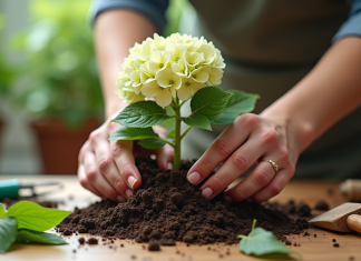 Mains de jardinier plantant une tige d hydrangea dans la terre