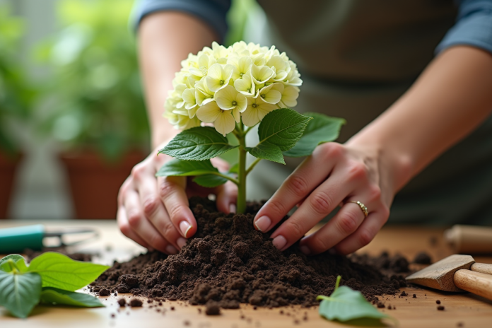 Mains de jardinier plantant une tige d hydrangea dans la terre