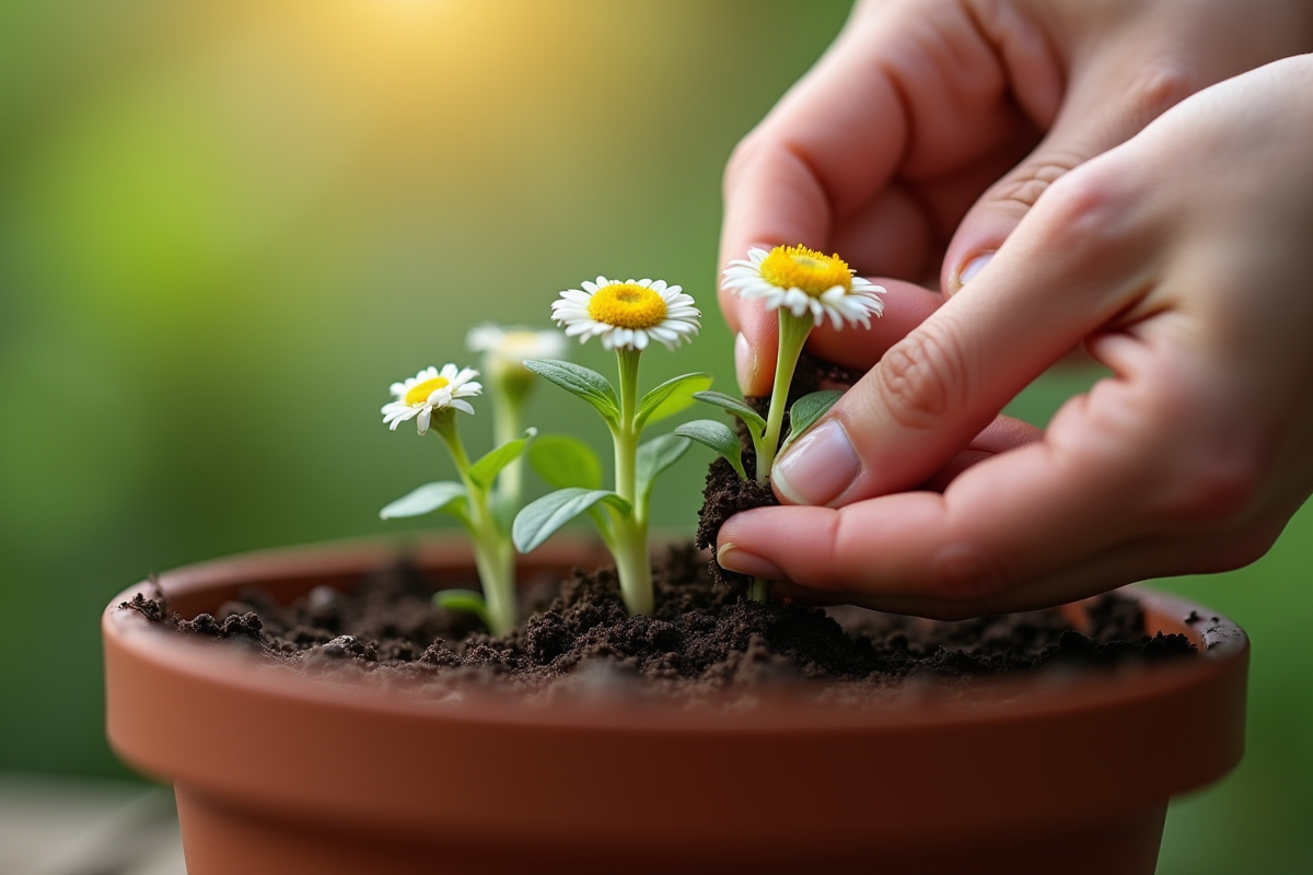 Mains plantant des graines d alyssum dans un pot de fleurs