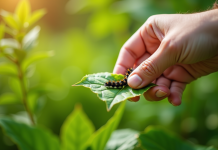 Main de jardinier retirant des chenilles noires sur des feuilles vertes