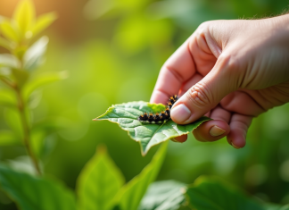 Main de jardinier retirant des chenilles noires sur des feuilles vertes