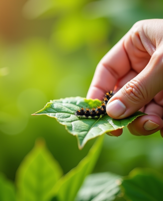Main de jardinier retirant des chenilles noires sur des feuilles vertes