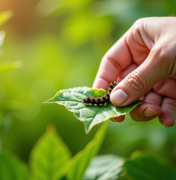 Main de jardinier retirant des chenilles noires sur des feuilles vertes