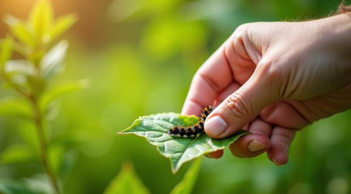 Main de jardinier retirant des chenilles noires sur des feuilles vertes