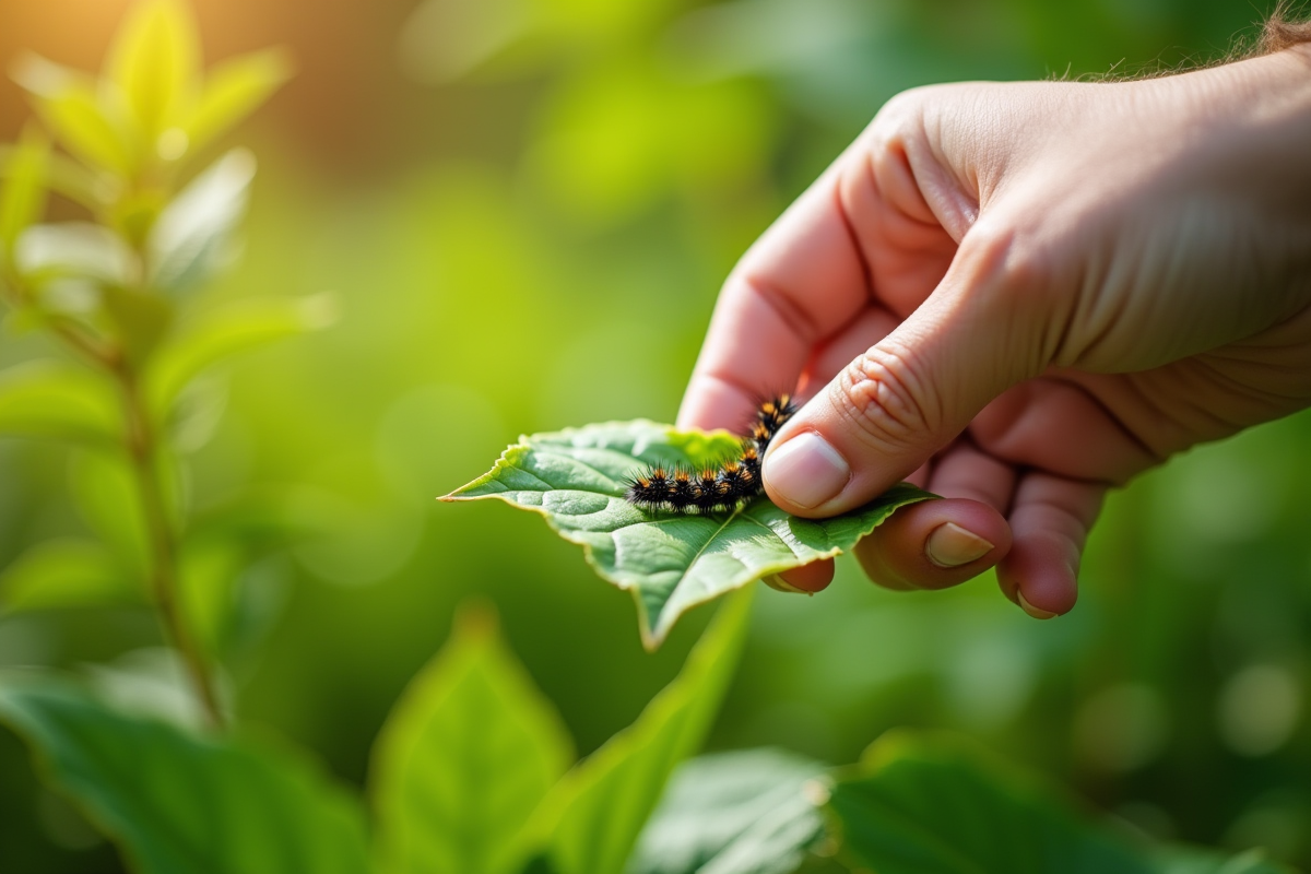 Main de jardinier retirant des chenilles noires sur des feuilles vertes
