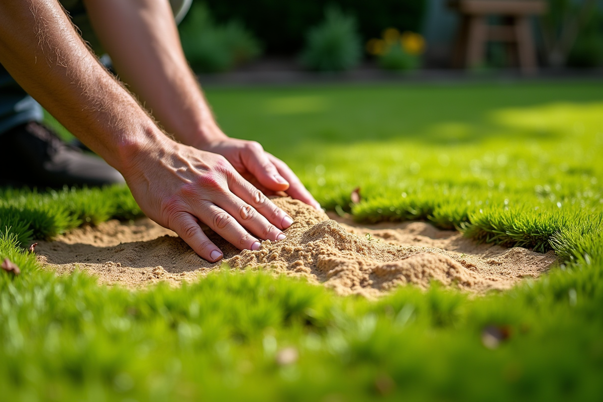 Main étalant du sable naturel sur la mousse dans un jardin ensoleille