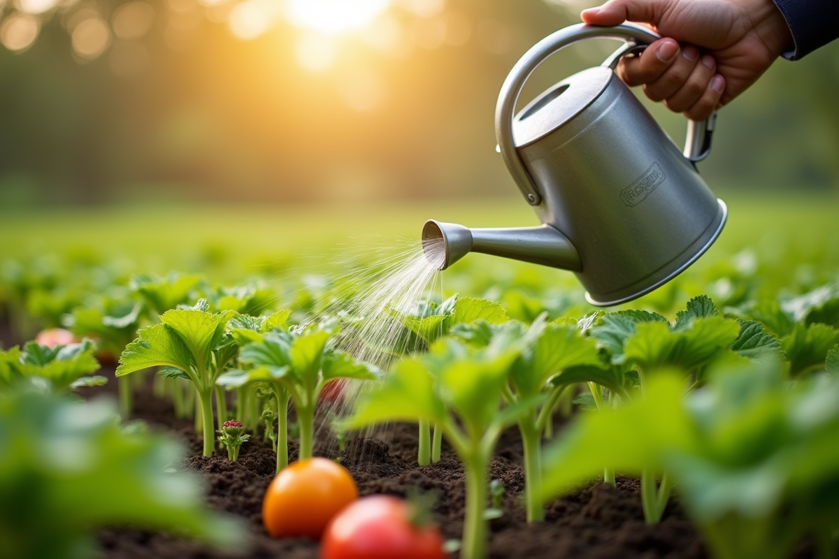 Mains arrosant doucement de jeunes légumes au matin