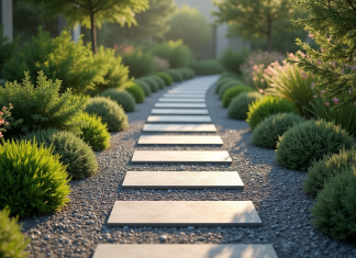 Chemin de gravier moderne avec dalles japonaises