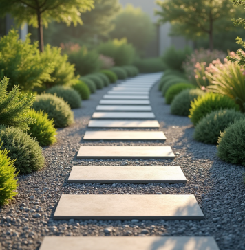Allée en gravier : comment réaliser un pas japonais esthétique ? Chemin de gravier moderne avec dalles japonaises