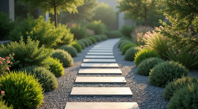 Chemin de gravier moderne avec dalles japonaises