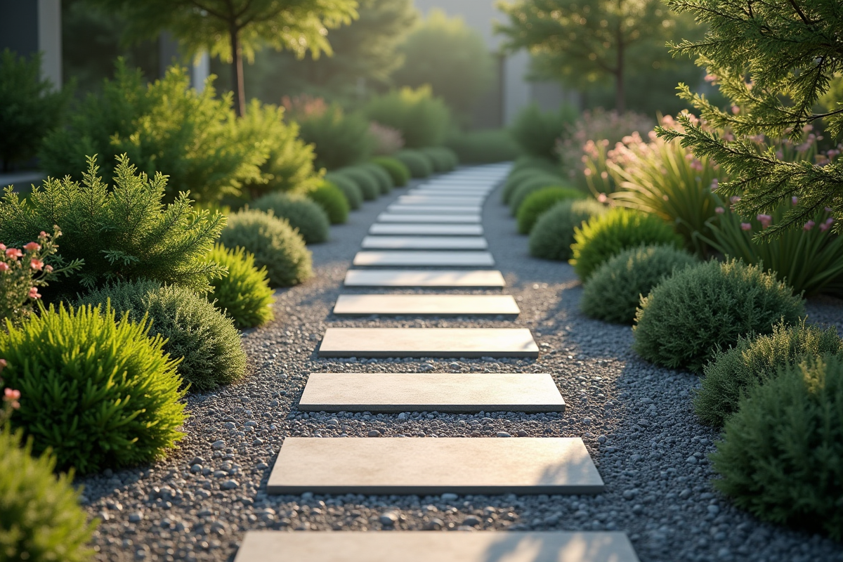 Chemin de gravier moderne avec dalles japonaises