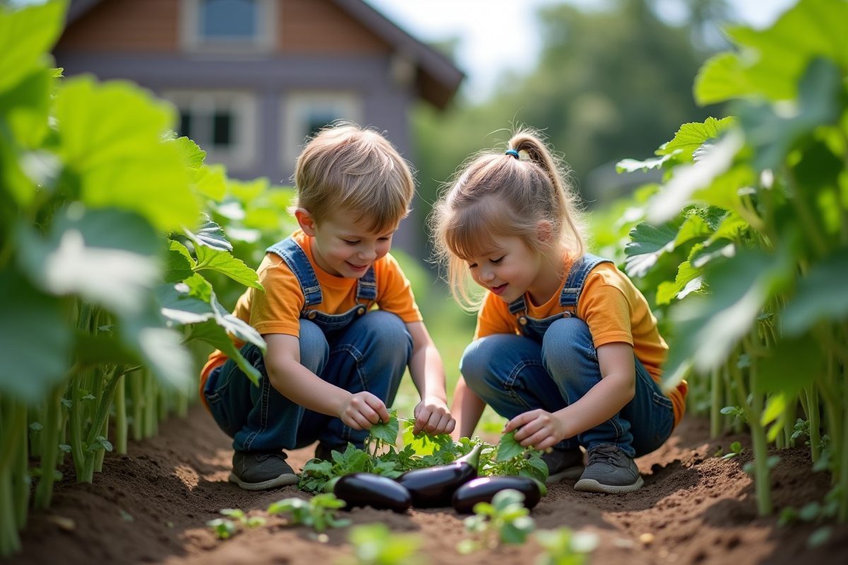 Enfants observant des aubergines dans le potager