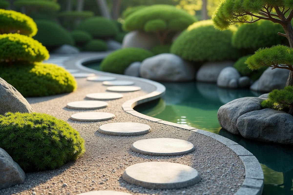 Jardin japonais avec sentier de gravier et étang