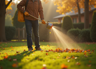 Personne en automne étalant de l'engrais sur la pelouse verte