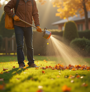 Personne en automne étalant de l'engrais sur la pelouse verte