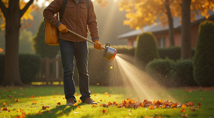 Personne en automne étalant de l'engrais sur la pelouse verte