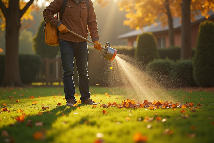 Personne en automne étalant de l'engrais sur la pelouse verte