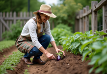 Femme en jardinage plantant une aubergine dans le jardin