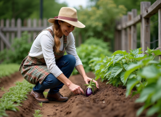 Conseils pour cultiver des aubergines : marier les légumes au potager Femme en jardinage plantant une aubergine dans le jardin