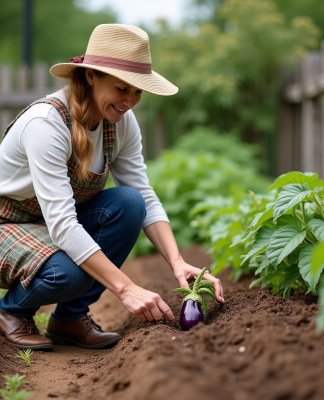 Femme en jardinage plantant une aubergine dans le jardin
