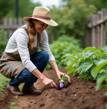 Femme en jardinage plantant une aubergine dans le jardin