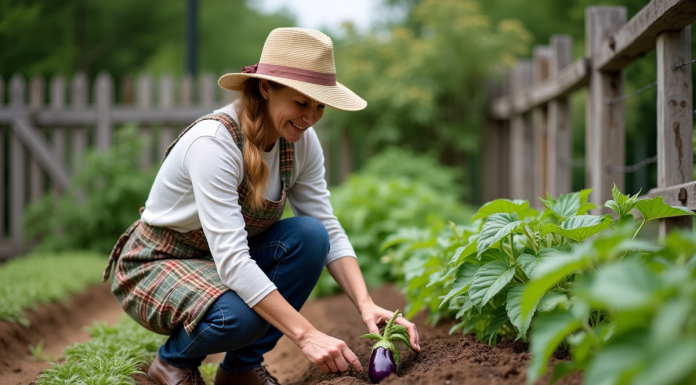Femme en jardinage plantant une aubergine dans le jardin