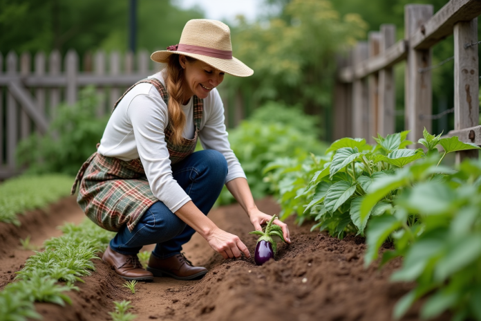 jardinage-femme-plantation-legumes Femme en jardinage plantant une aubergine dans le jardin