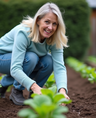 Femme transplantant des bettes dans un jardin au printemps