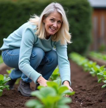 Femme transplantant des bettes dans un jardin au printemps