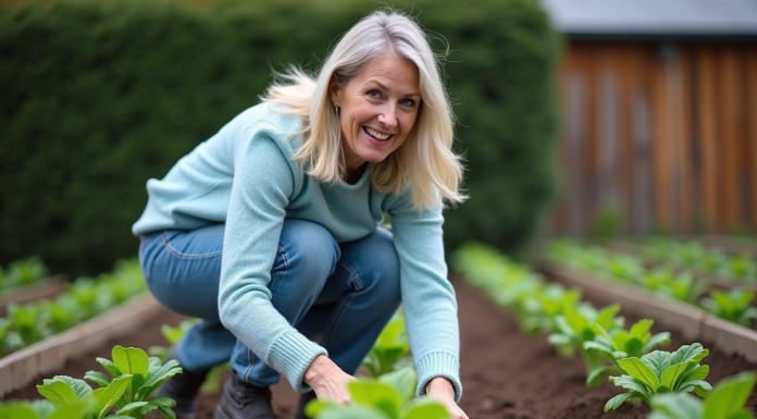 Femme transplantant des bettes dans un jardin au printemps