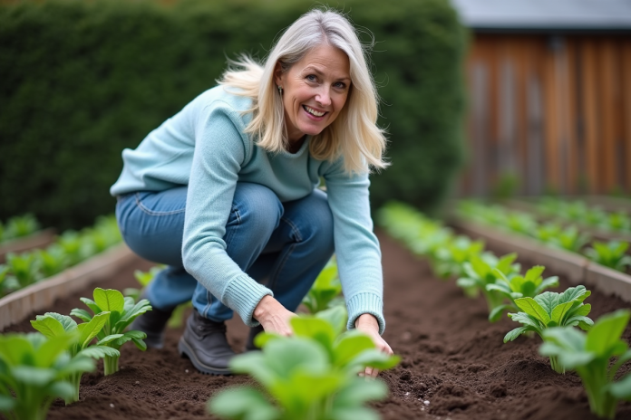 jardinage-transplantation-lgumes Femme transplantant des bettes dans un jardin au printemps